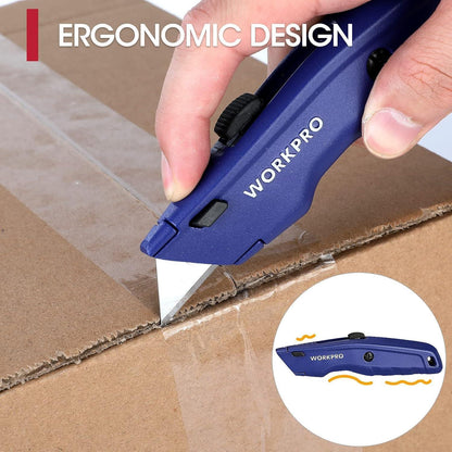 WORKPRO Premium Teppichmesser Vollmetall mit 10 Klingen Blau