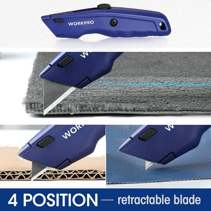 WORKPRO Premium Teppichmesser Vollmetall mit 10 Klingen Blau