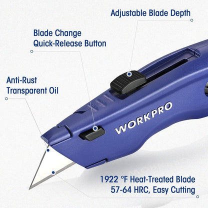 WORKPRO Premium Teppichmesser Vollmetall mit 10 Klingen Blau