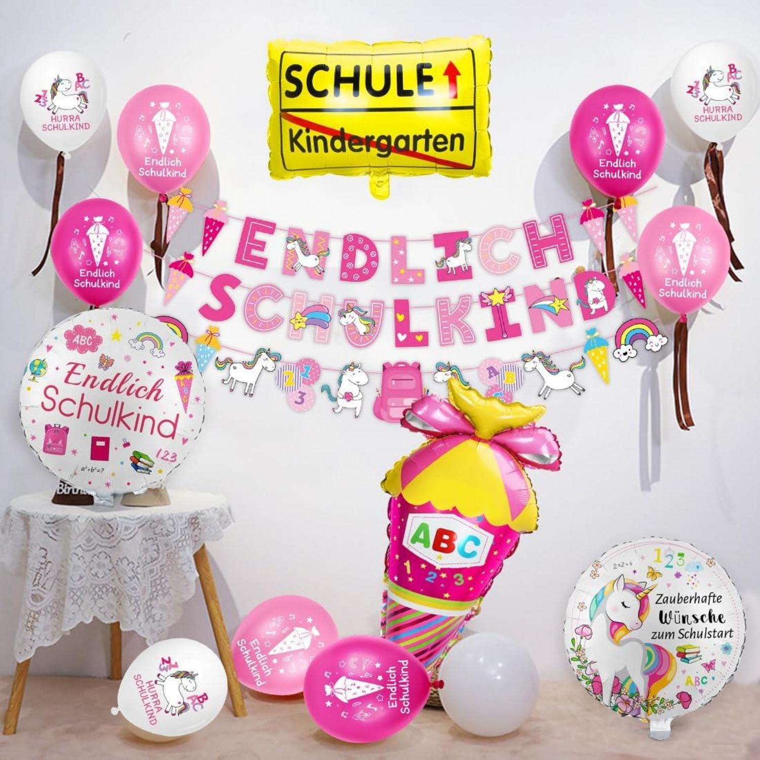 Einschulung Mädchen Deko Set Einhorn Schule Geschenk Luftballons