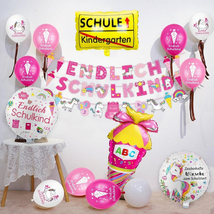 Einschulung Mädchen Deko Set Einhorn Schule Geschenk Luftballons