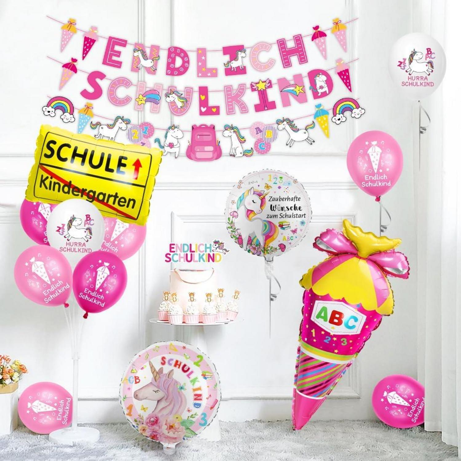 Einschulung Mädchen Deko Set Einhorn Schule Geschenk Luftballons