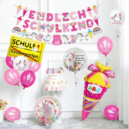 Einschulung Mädchen Deko Set Einhorn Schule Geschenk Luftballons