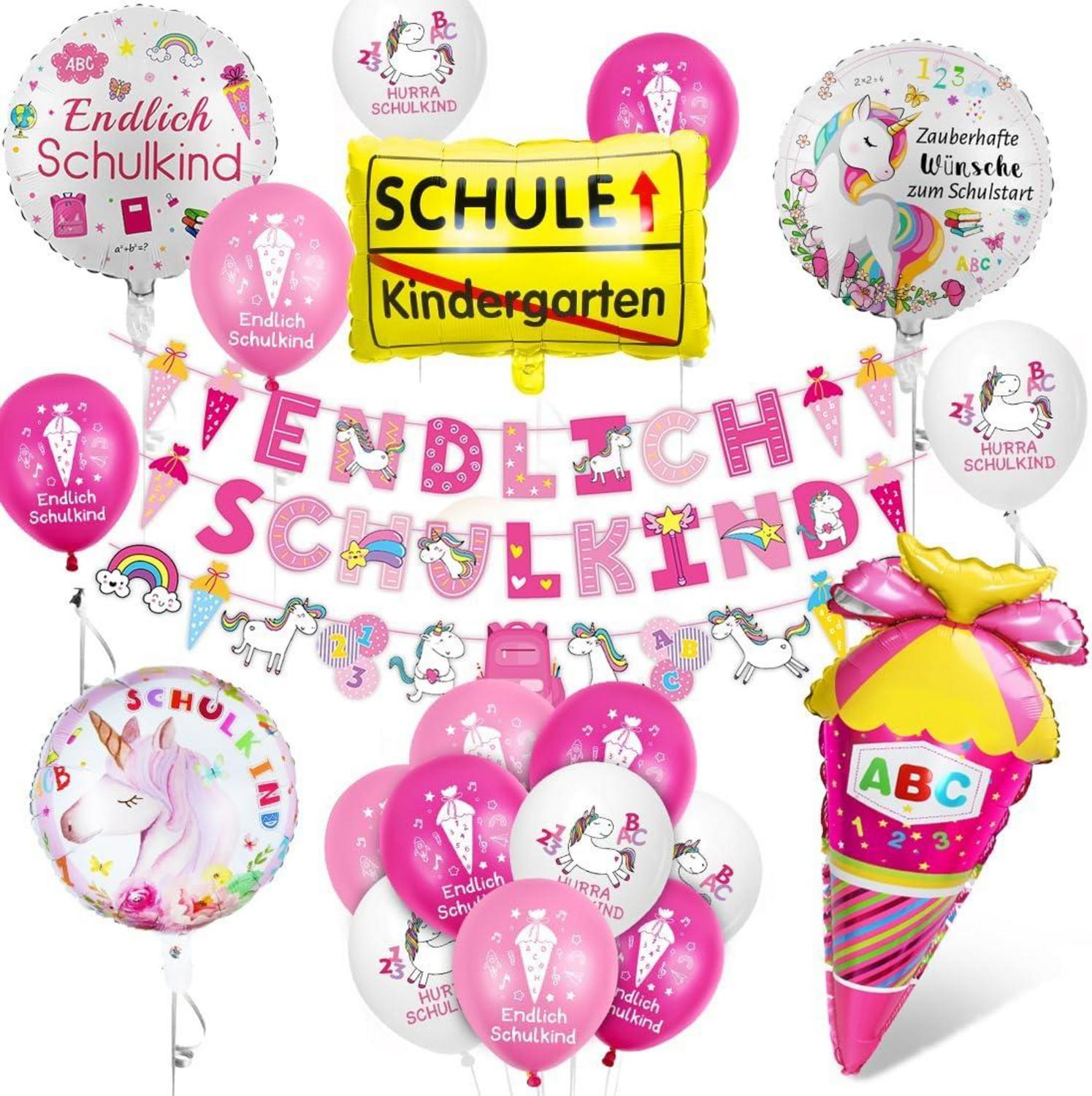 Einschulung Deko Set Mädchen Einhorn Schule Luftballon Banner Zuckertüte