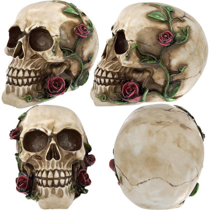 Menschlicher Totenkopf Schädel mit Rosen Naturharz Haloween