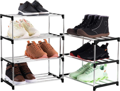 Xerhnan Kleines Schuhregal mit 4 Ebenen, Schuhablage für bis zu 8 Paar Schuhe, Schwarz