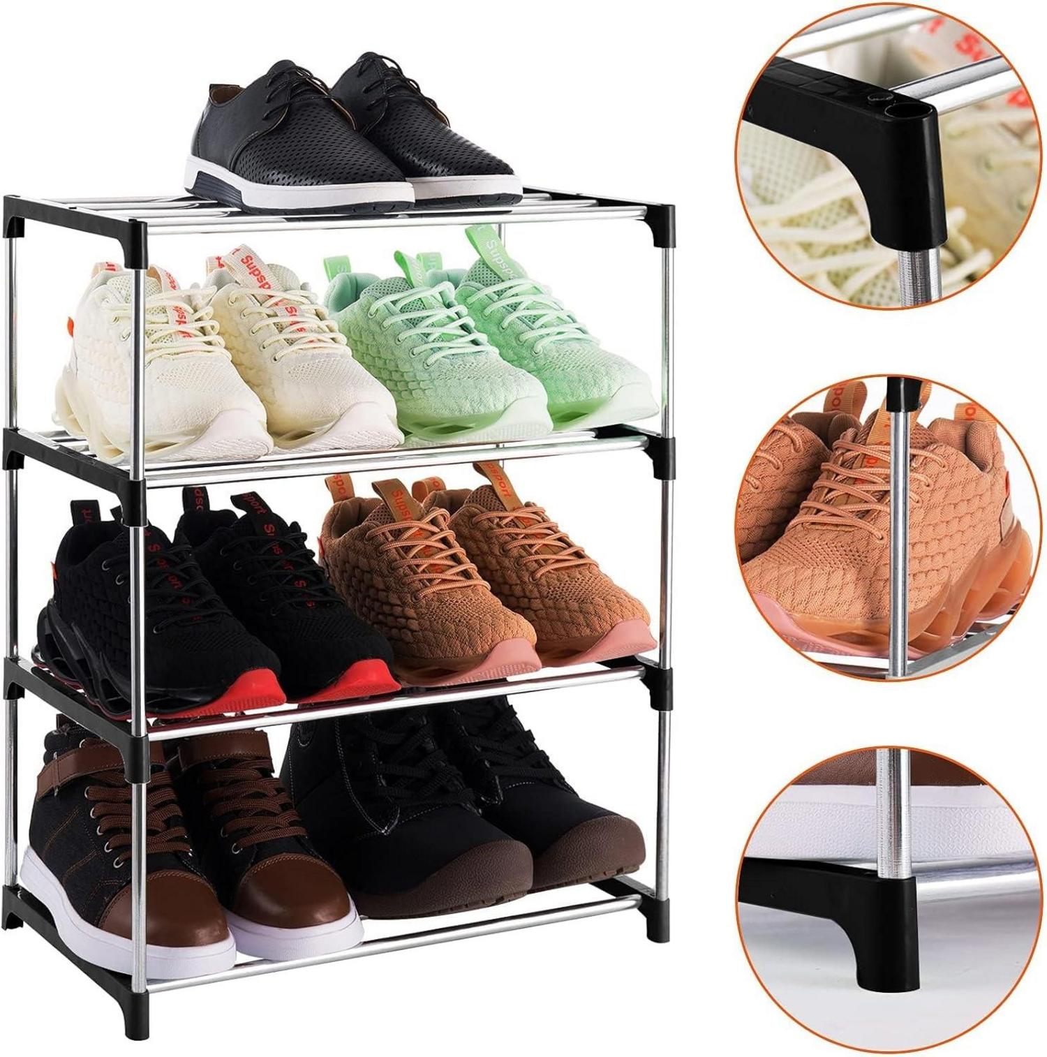 Schuhregal mit 4 Ebenen für 8 Paar Schuhe, Schwarz, Metall-Kunststoff-Mix