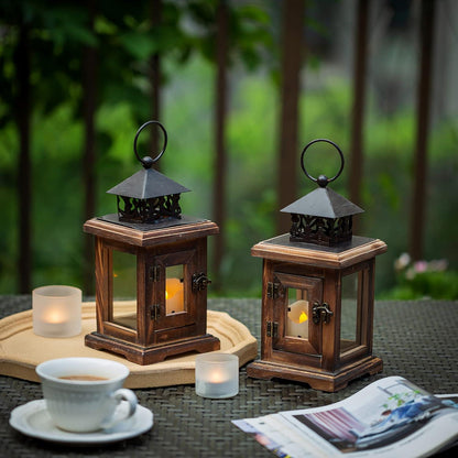 Holz Laterne Kerzenständer Windlicht Rustikal Vintage Outdoor Decor