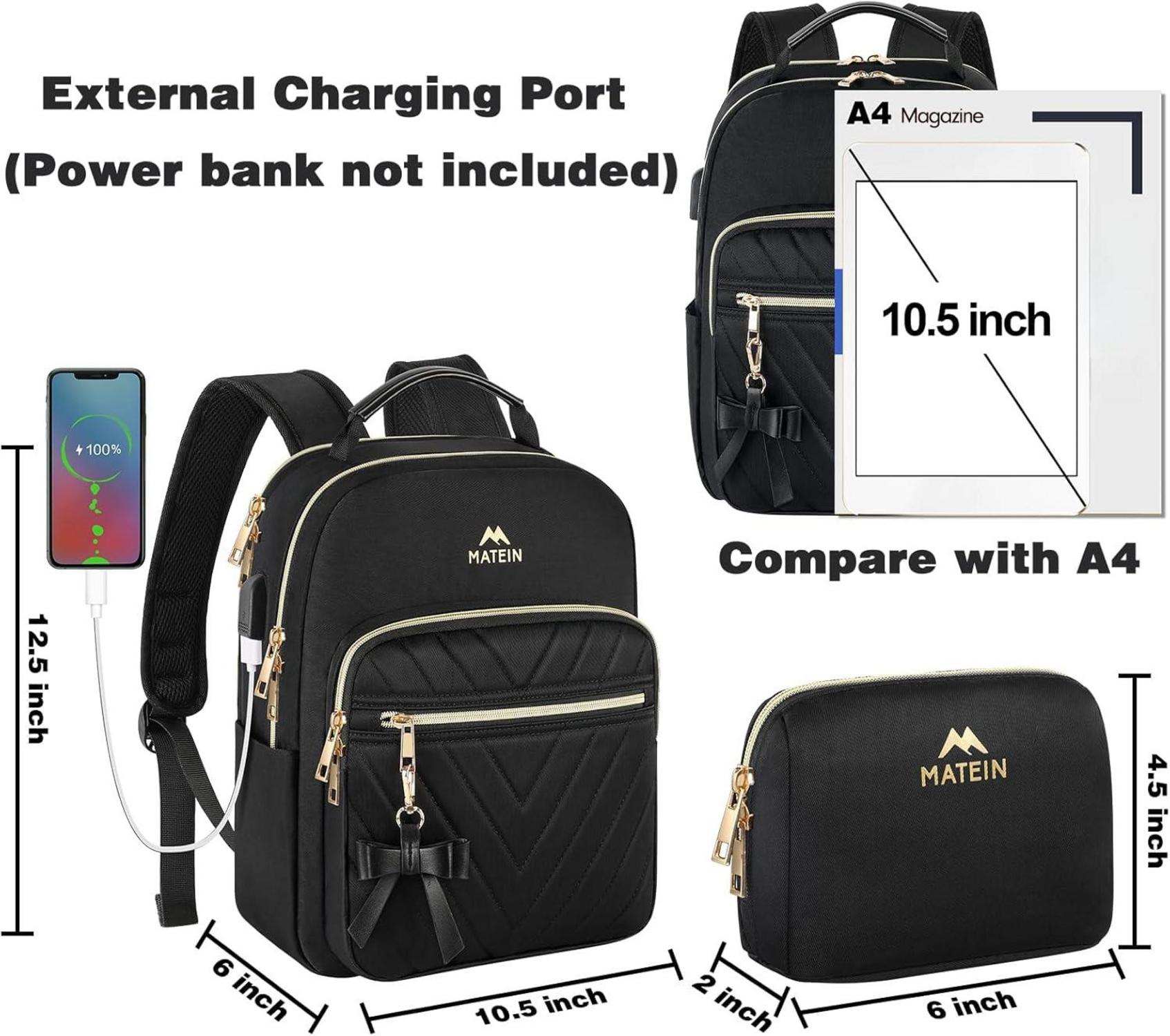 Eleganter Damen Rucksack Set mit USB Schwarz Wasserdicht