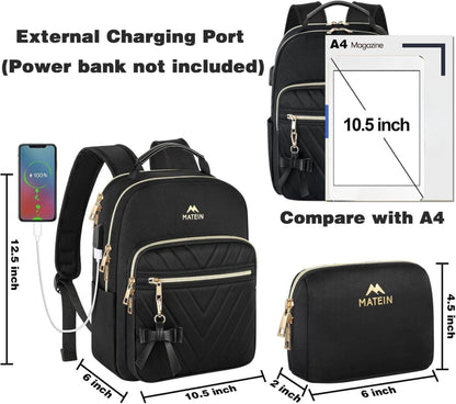 Eleganter Damen Rucksack Set mit USB Schwarz Wasserdicht