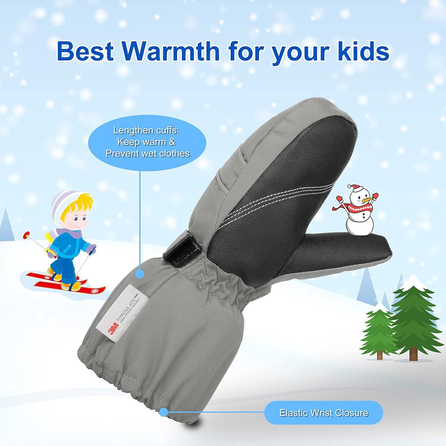 Kinder Skihandschuhe Fäustlinge Thermo warm wasserdicht 2-8 Jahre Grau