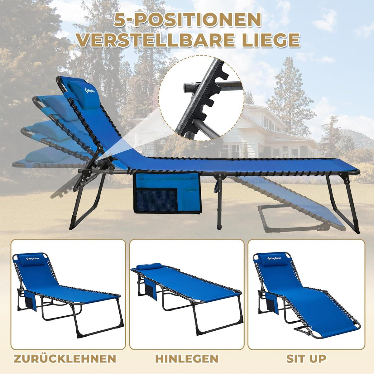 Leichte Campingliege mit verstellbarem Rückenteil und Kopfkissen
