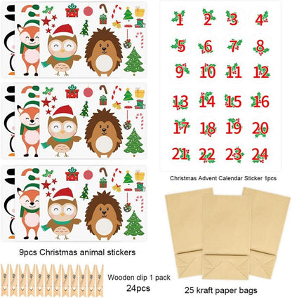 Adventskalender Kraftpapiertüten mit Waldtiere-Aufklebern