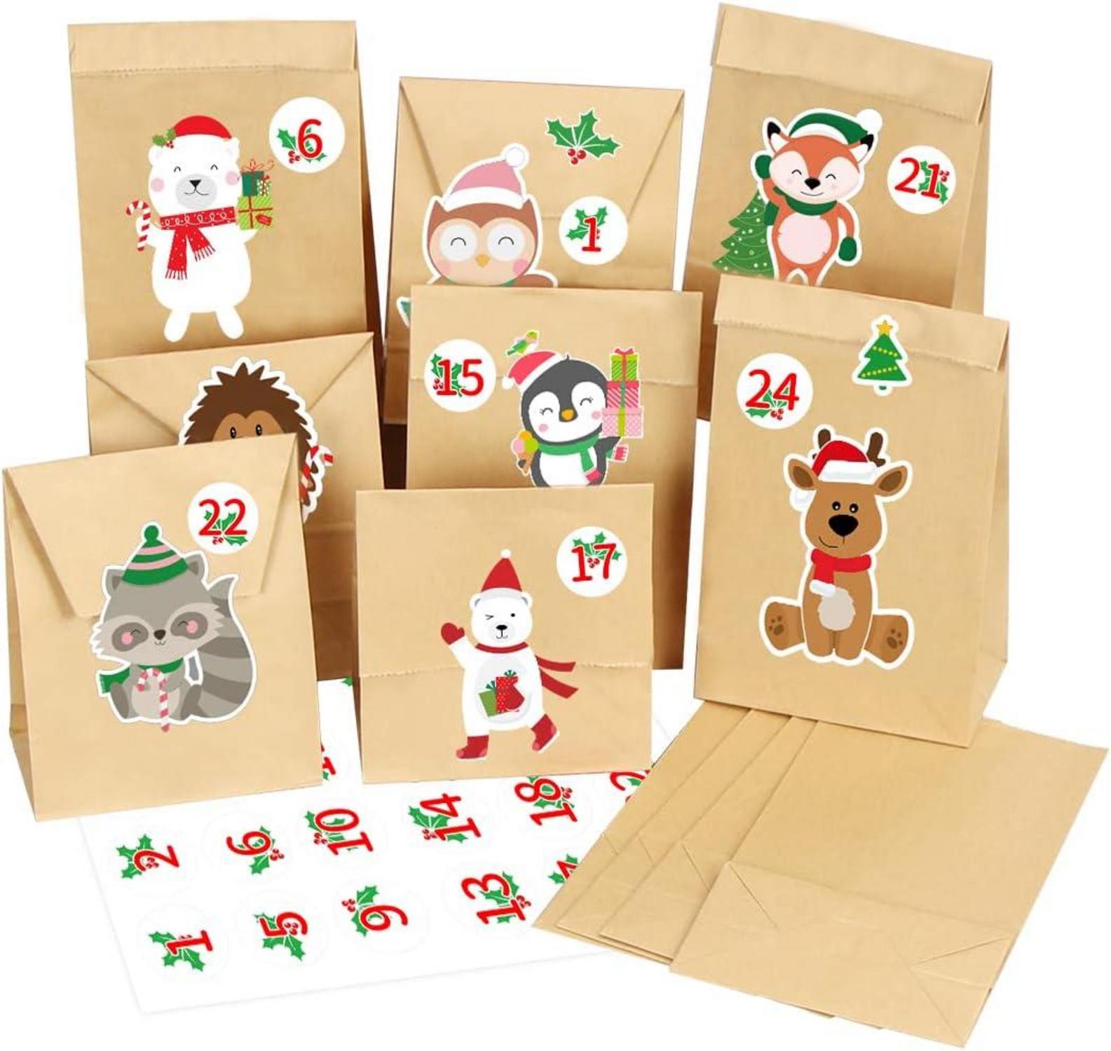 Adventskalender zum Befüllen für Kinder mit 24 Kraftpapiertüten und Aufklebern