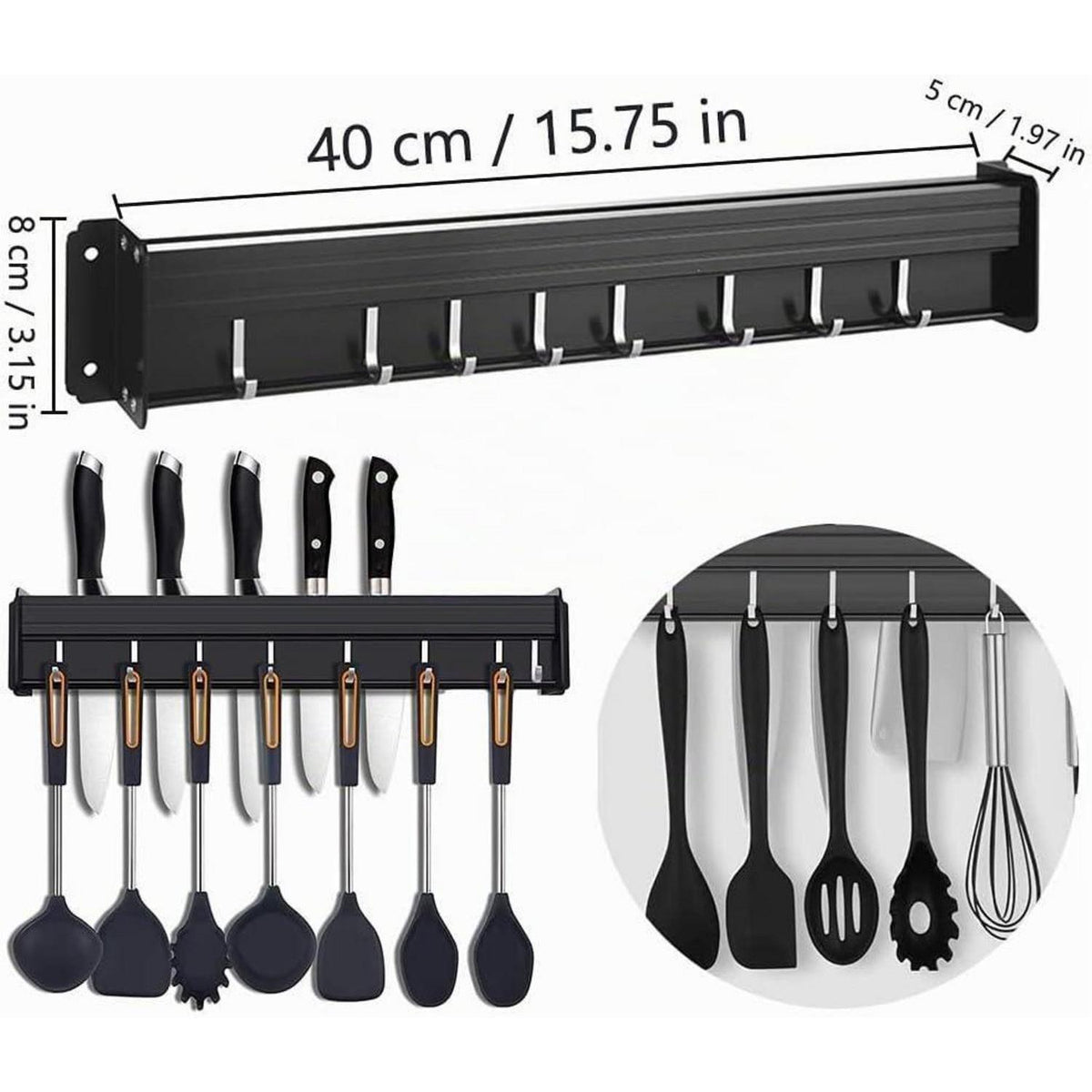 Küchenhakenleiste ohne Bohren mit Messerblock & 8 Haken
