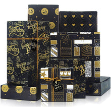 Geburtstagsgeschenkpapier Set Schwarzgold 4 Blatt + 4