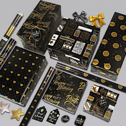 Geburtstagsgeschenkpapier Set Schwarzgold 4 Blatt + 4