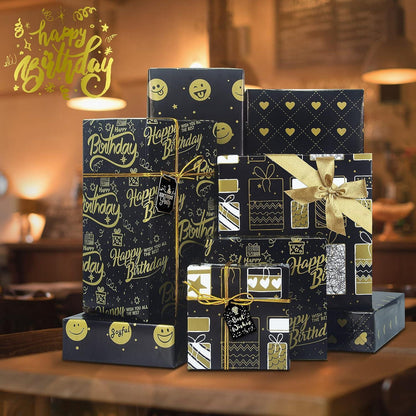 Geburtstagsgeschenkpapier Set Schwarzgold 4 Blatt + 4