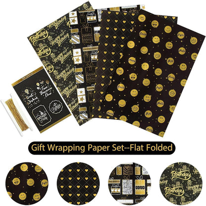 Geburtstagsgeschenkpapier Set Schwarzgold 4 Blatt + 4