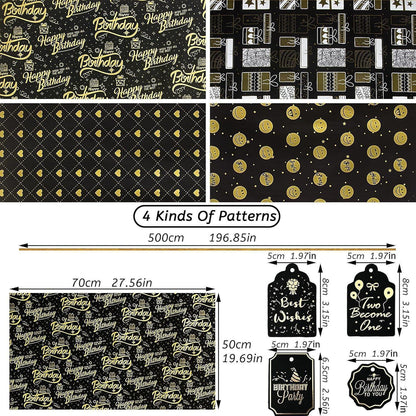 Geburtstagsgeschenkpapier Set Schwarzgold 4 Blatt + 4