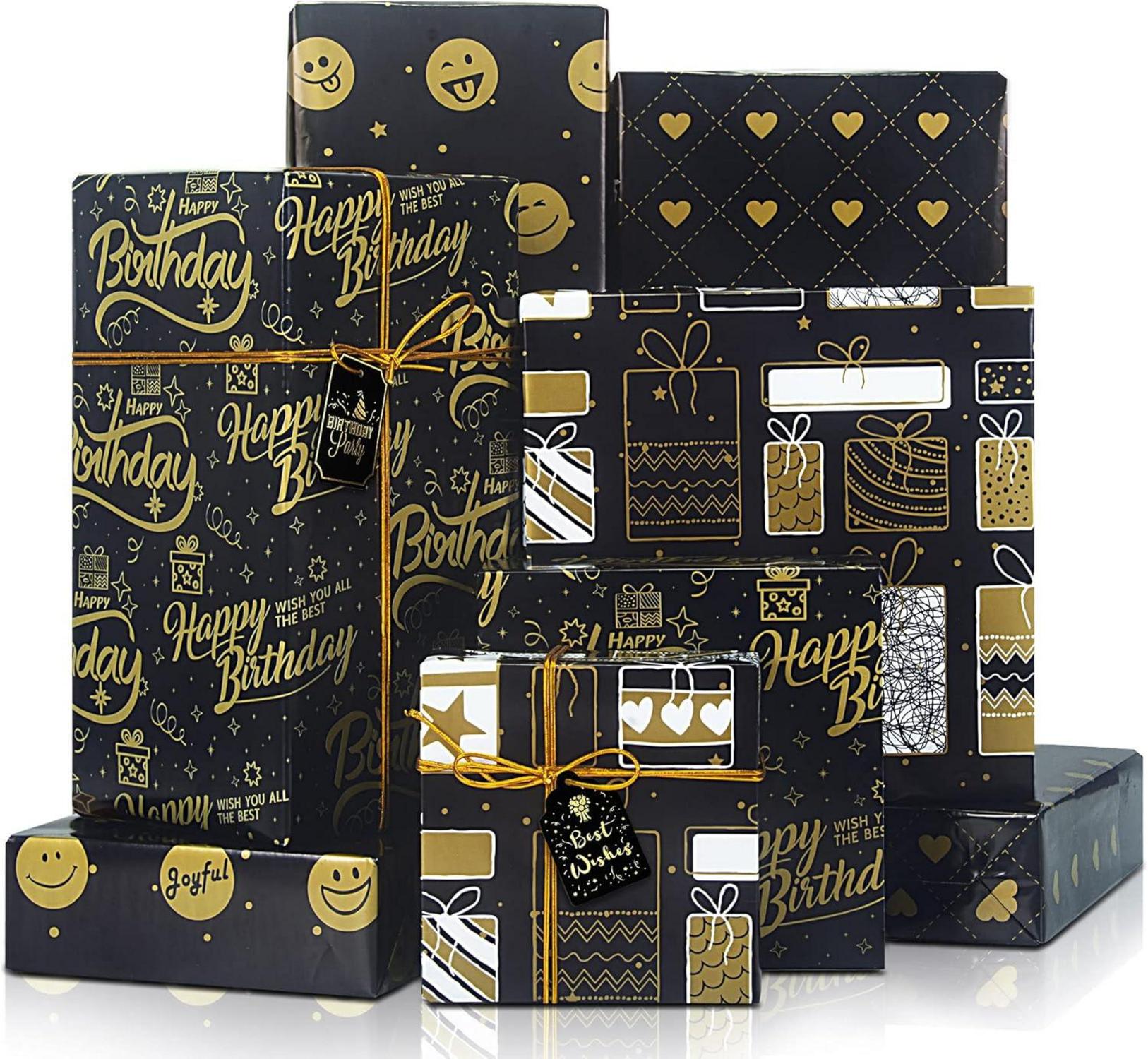 Geschenkpapier Set Schwarzgold-Design 4 Blatt 4 Stück Etikett 1 Rolle