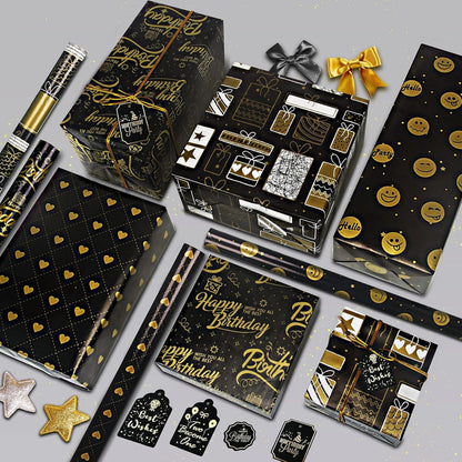 Geschenkpapier Set Schwarzgold-Design 4 Blatt 4 Stück Etikett 1 Rolle