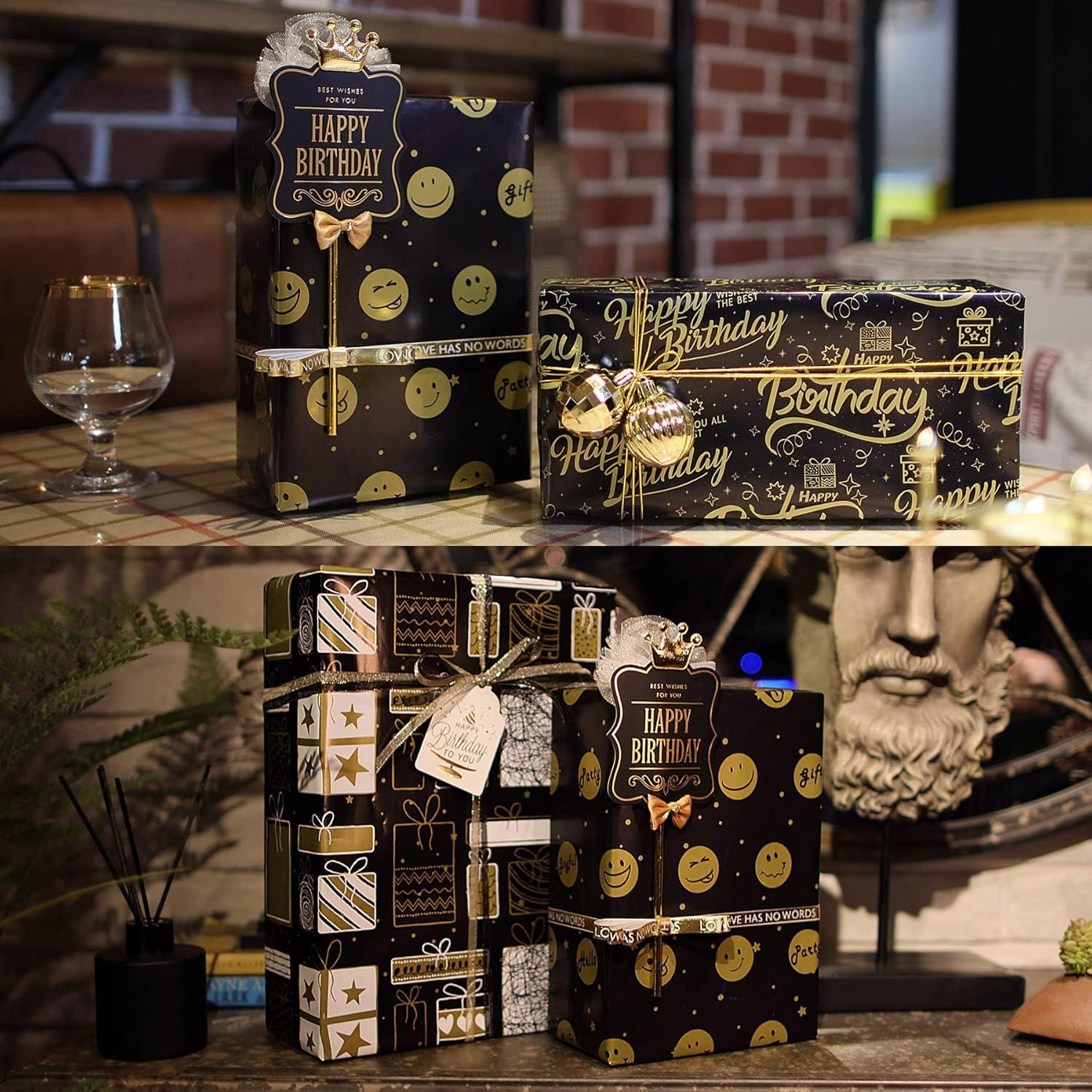 Larcenciel Geburtstags Geschenkpapier Set Schwarzgold-Design 4 Blatt 70 x 50 cm