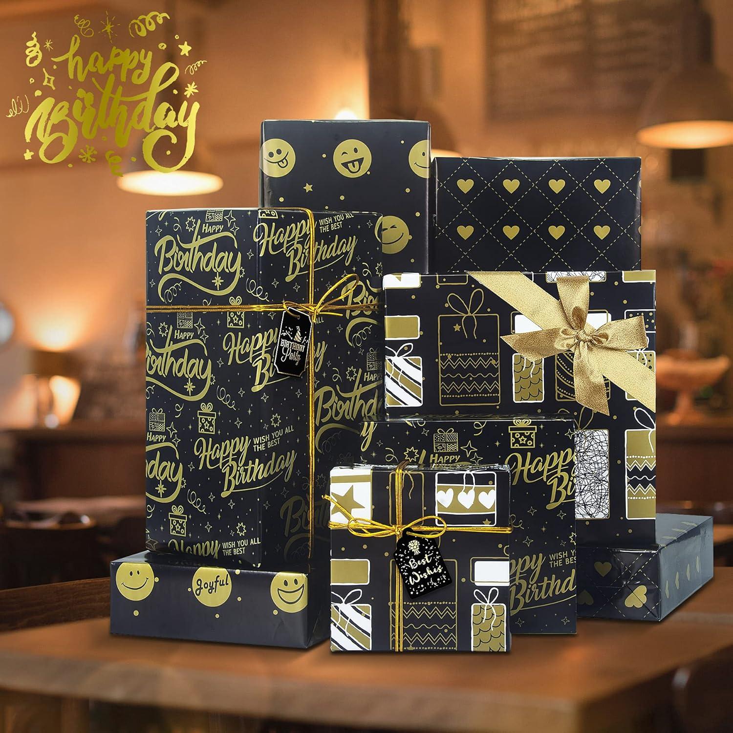 Geschenkpapier Set Schwarzgold-Design 4 Blatt 4 Stück Etikett 1 Rolle 70x50 cm