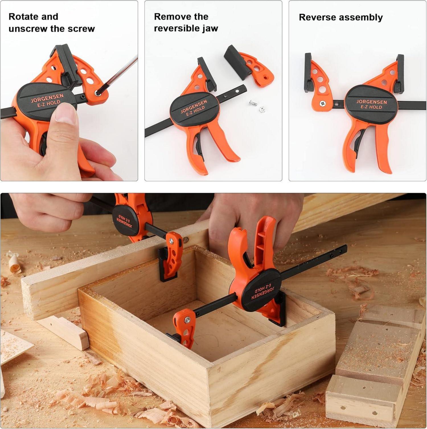 JORGENSEN Profi Holzbearbeitung Set 6tlg. Einhand- und Federzwingen, 2 Schraubzwingen, 4 Federklemmen
