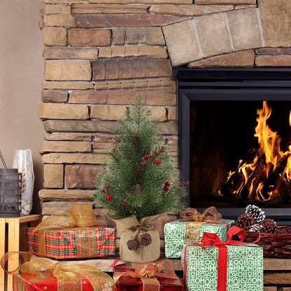 Mini Tisch Weihnachtsbaum 40,6cm Sackleinen Basis Kiefernzweige rote Beeren
