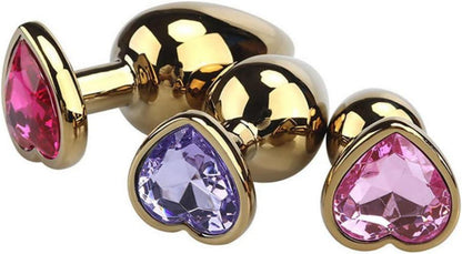 Herz Analplug Set Viele Farben Kristall 3 Größen Gold Butt