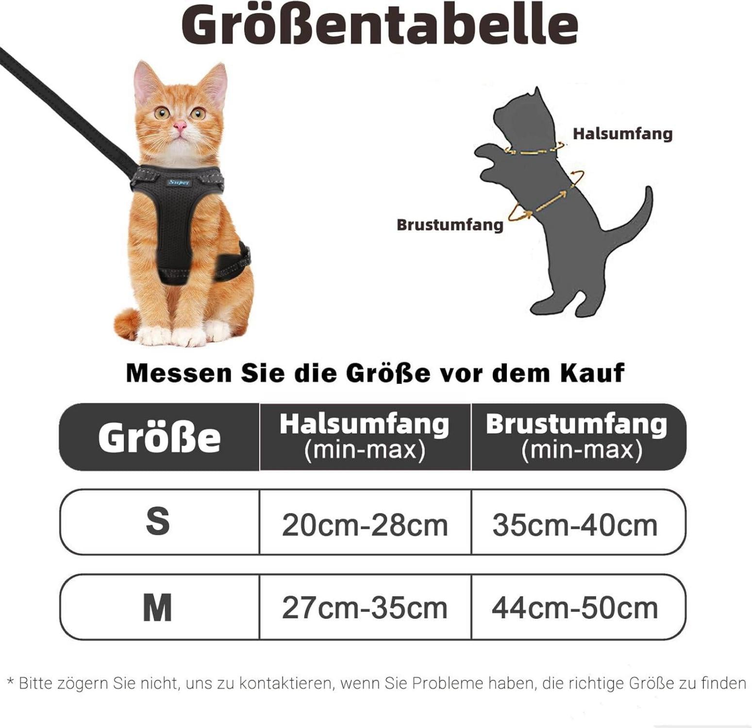 Katzengeschirr und Leine Set Fluchtsicher S Schwarz Reflektierend