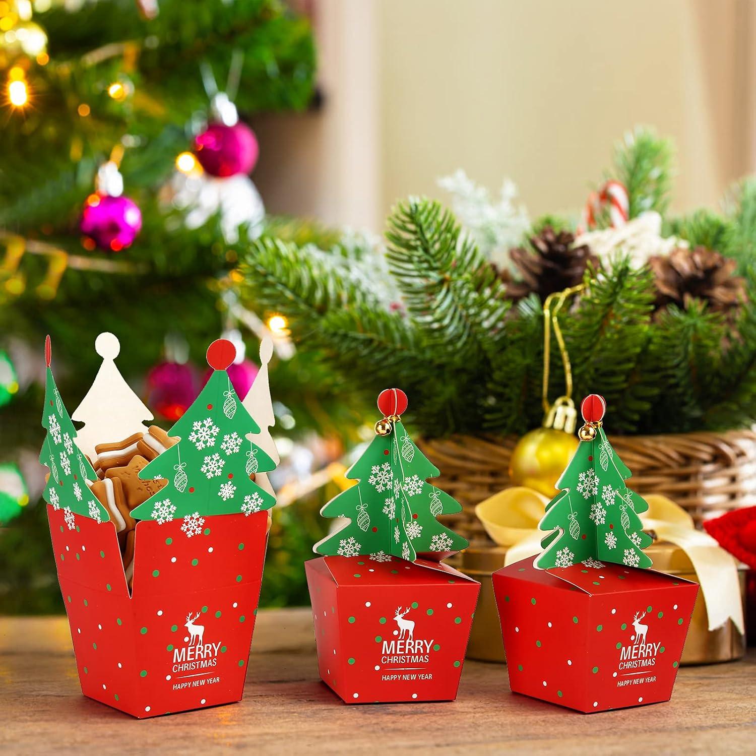 Weihnachts-Geschenkboxen 24er Set - Plätzchenboxen mit Twist Ties - Weihnachtsdeko - Geschenkkisten - Weihnachtsbaum Form