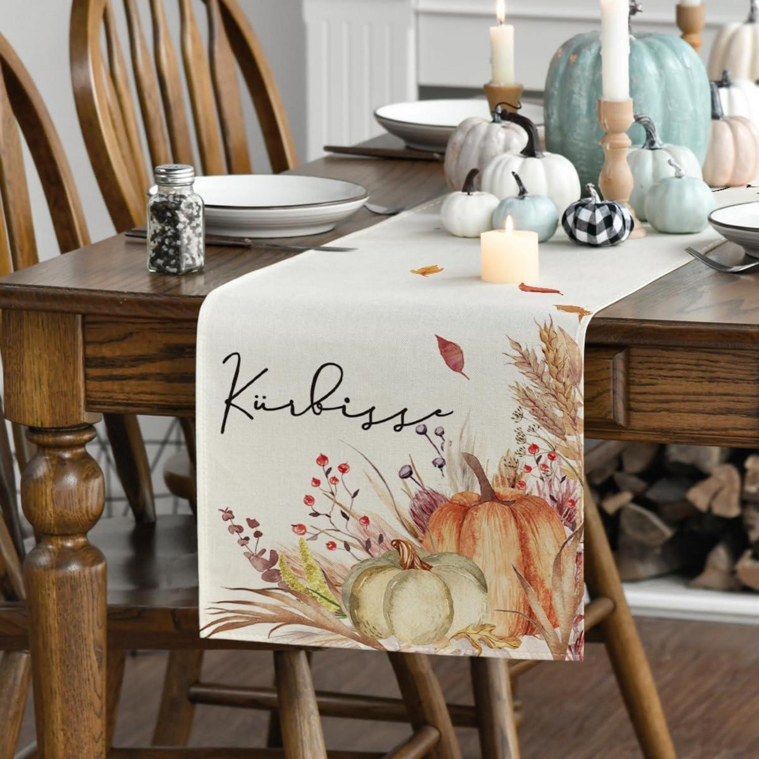 Herbst Tischläufer Kürbisse Blumen Blätter Deko Urlaub Party 40x140 cm