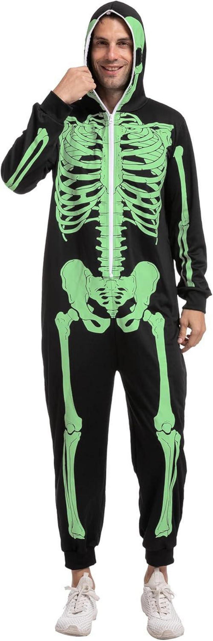 Spooktacular Skelett-Overall Einteiler mit Kapuze für Herren Halloween