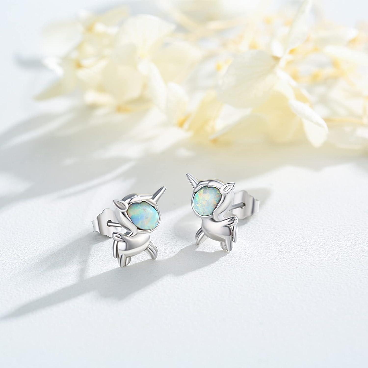 Einhorn Ohrringe 925 Sterling Silber Opal Ohrstecker Hypoallergen - Geschenk