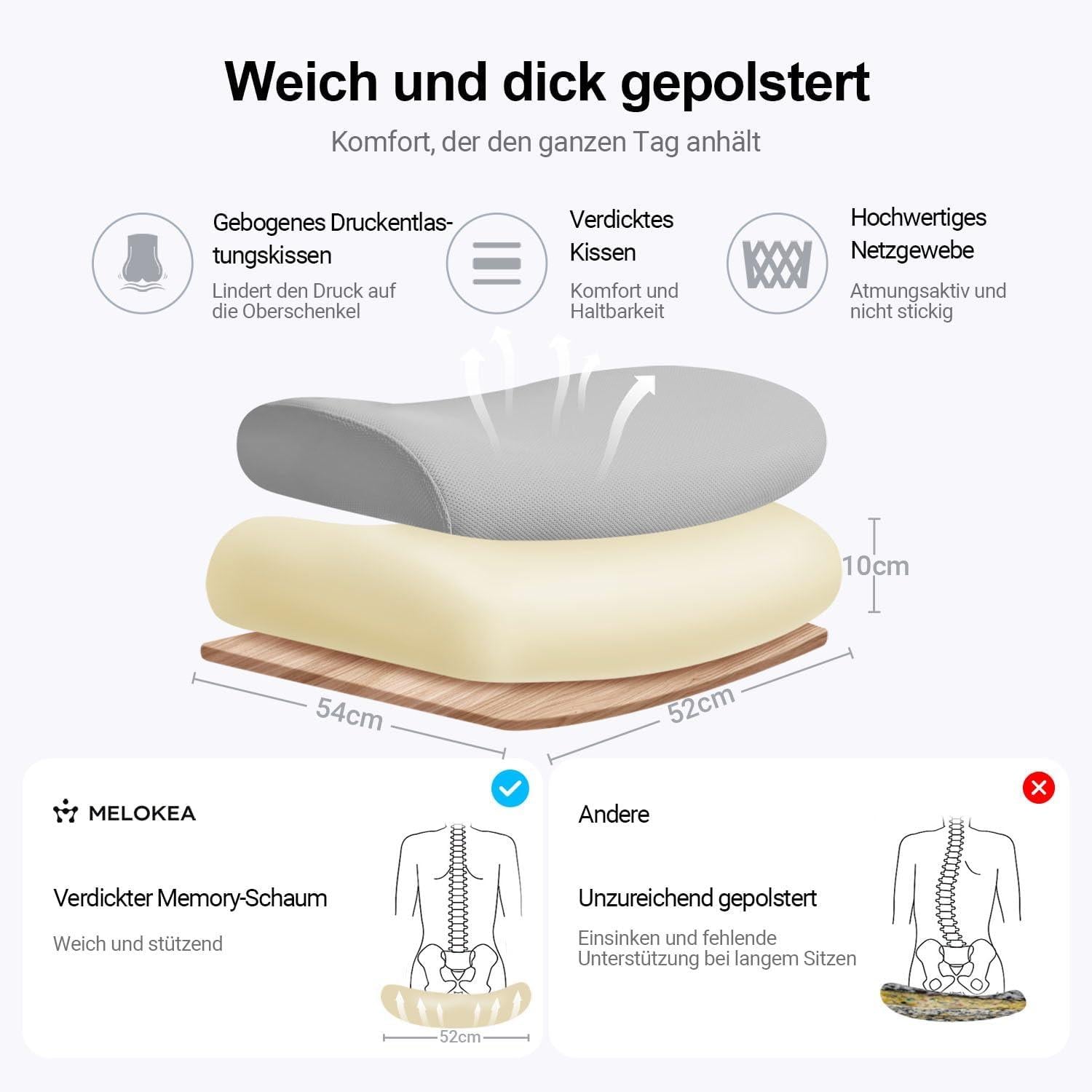 Bürostuhl Ergonomisch, Schreibtischstuhl 200 kg, Gasdruckfeder Klasse 4, Breites Sitzkissen, Lendenwirbelstütze, Mesh Stuhl, EN 1335, Grau