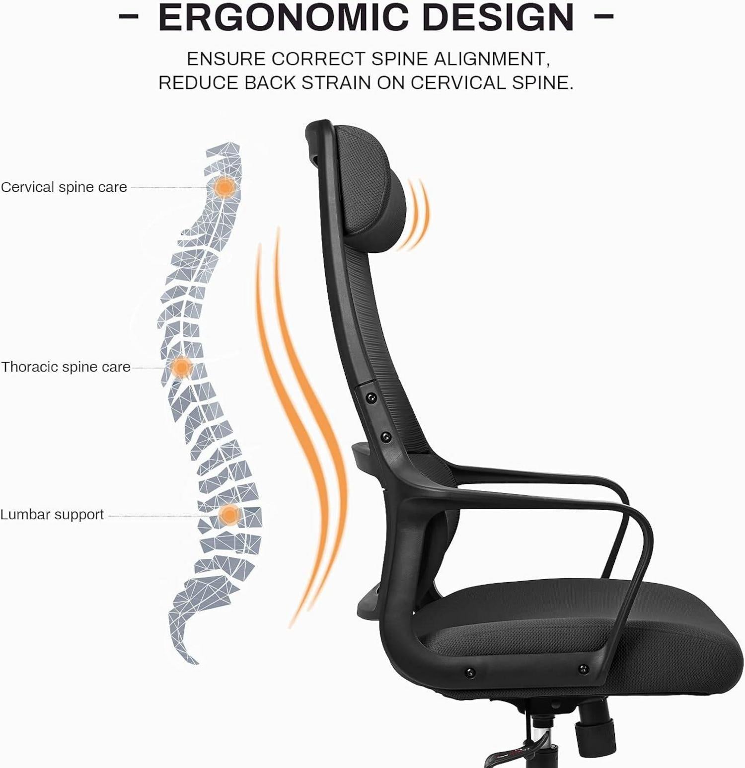Bürostuhl Ergonomisch | Drehstuhl Wippfunktion | Verstellbarer Lordosenstütze | Kopfstütze | Armlehne | Höhenverstellung | Schwarz