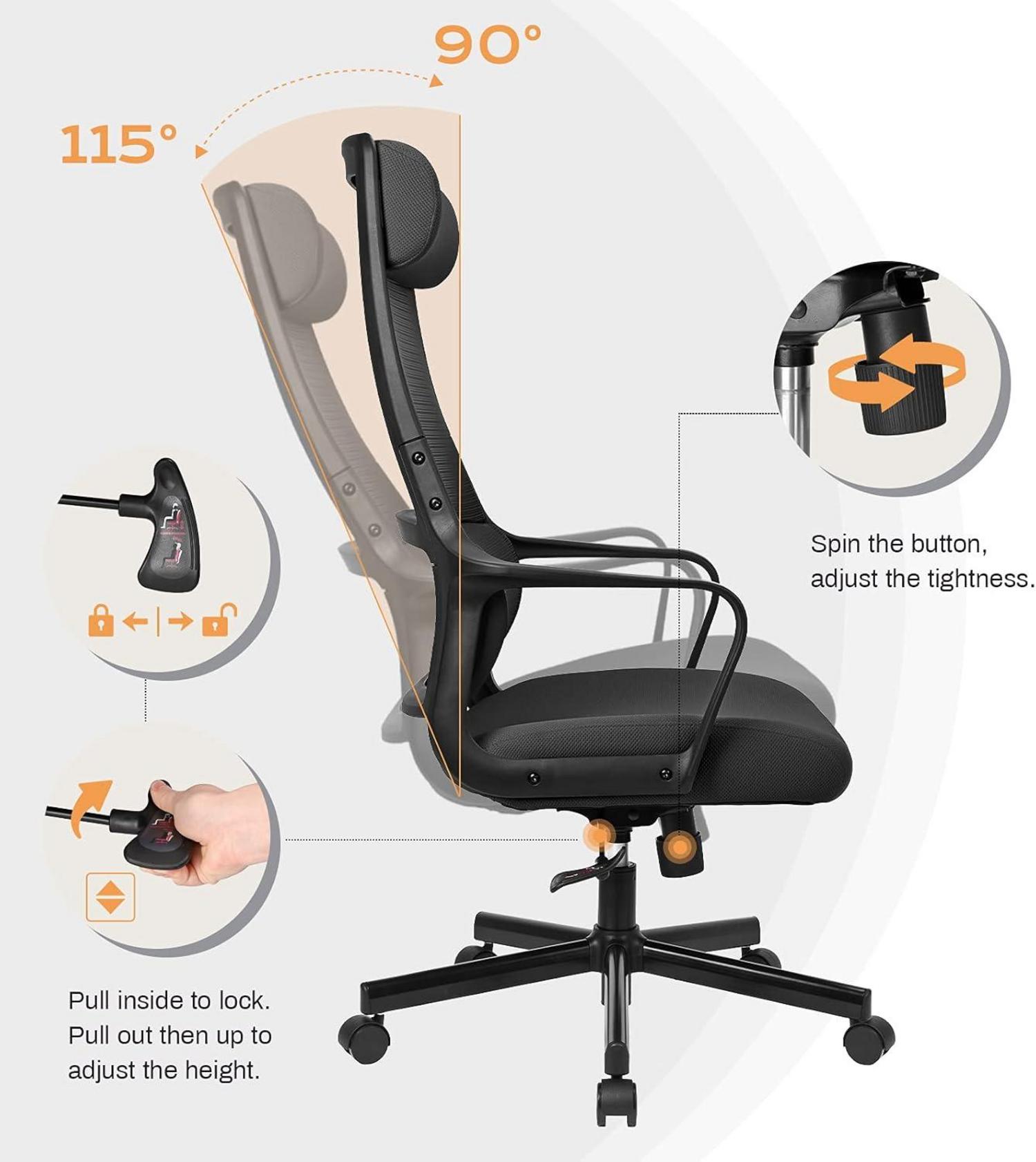 Schreibtischstuhl Bürostuhl Ergonomisch Wippfunktion Lordosenstütze Schwarz