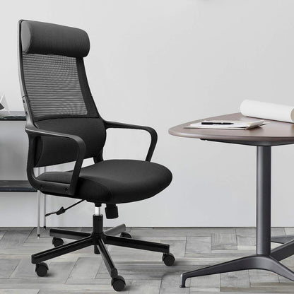 Bürostuhl Ergonomisch | Drehstuhl Wippfunktion | Verstellbarer Lordosenstütze | Kopfstütze | Armlehne | Höhenverstellung | Schwarz