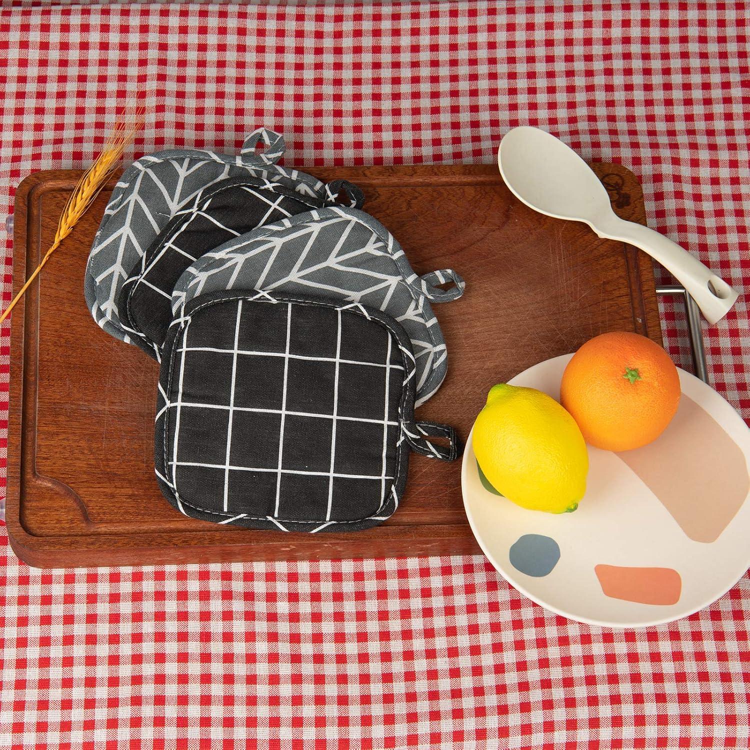 4er Set Hitzebeständige Baumwolle Topflappen 18x18cm Schwarz Grau