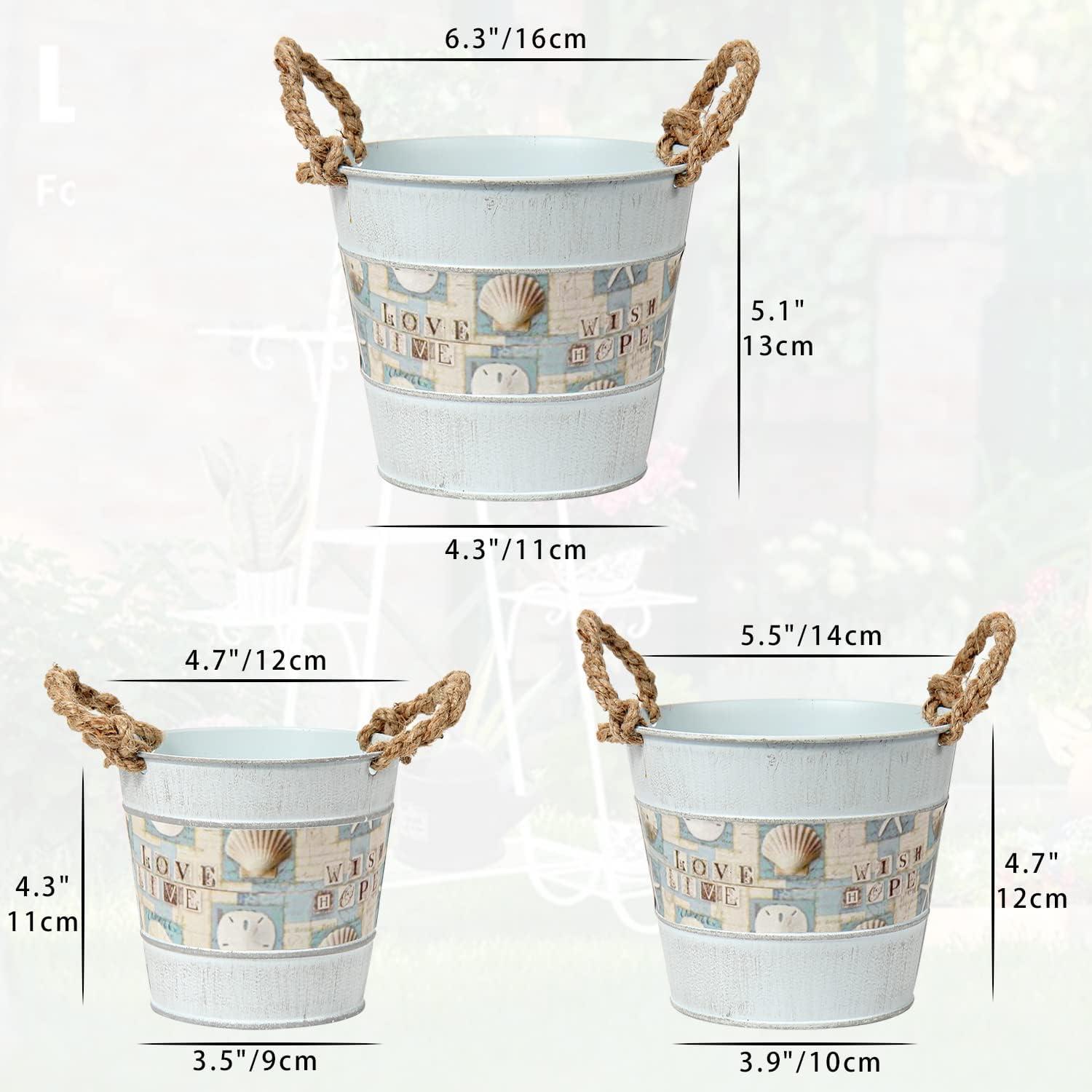 3-teiliges Zink Pflanztopf Set mit Jutegriff - Weiße