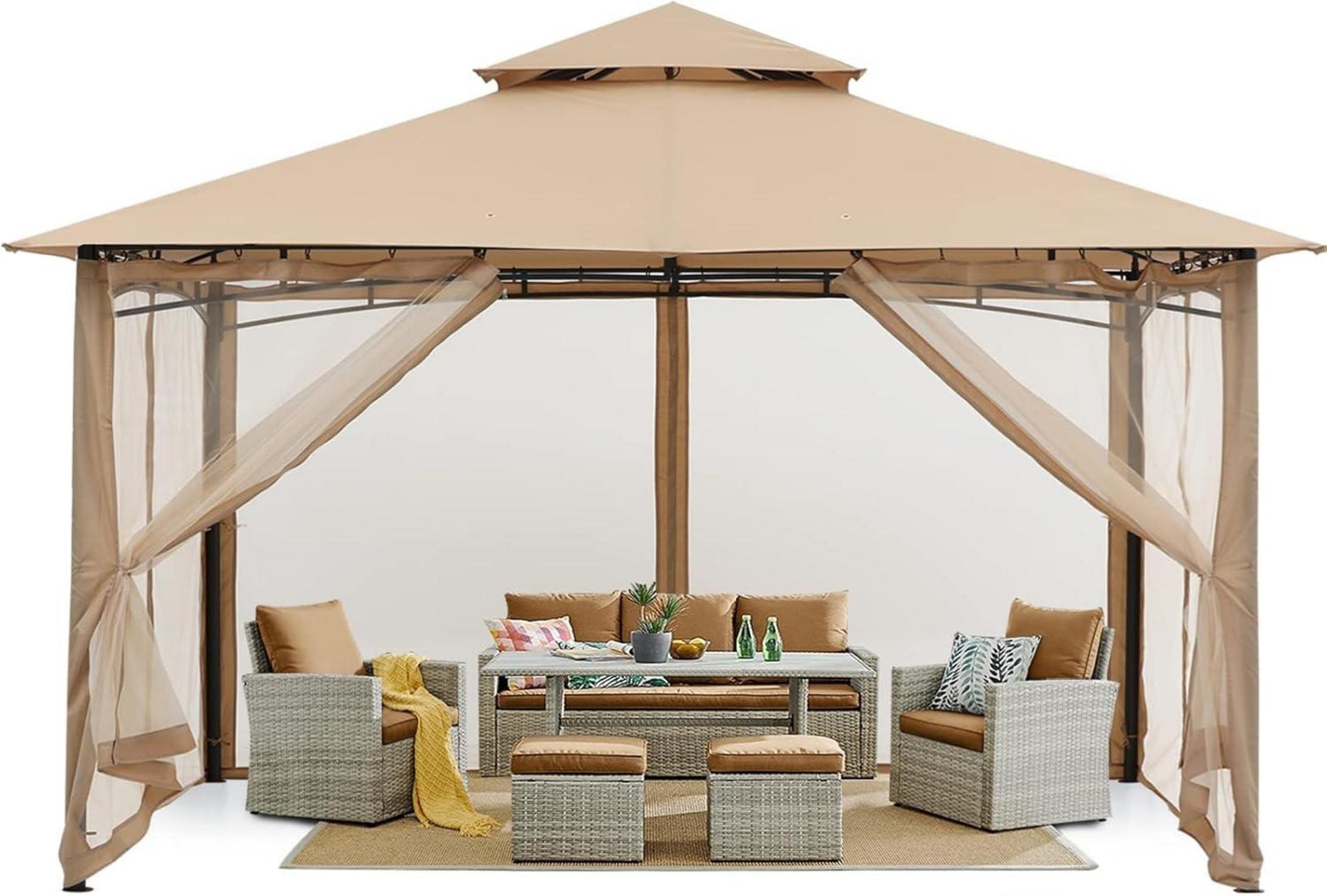 Gartenpavillon Doppeldach mit 4 Netz, Khaki, 3 x 3,6 m
