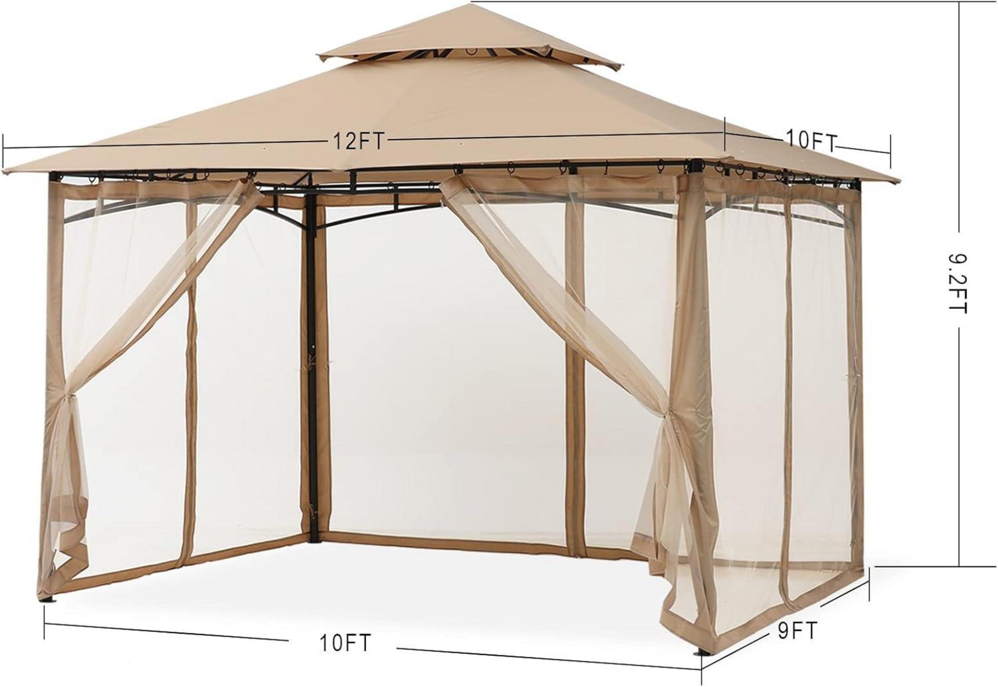 Gartenpavillon Doppeldach mit 4 Netz, Khaki, 3 x 3,6 m