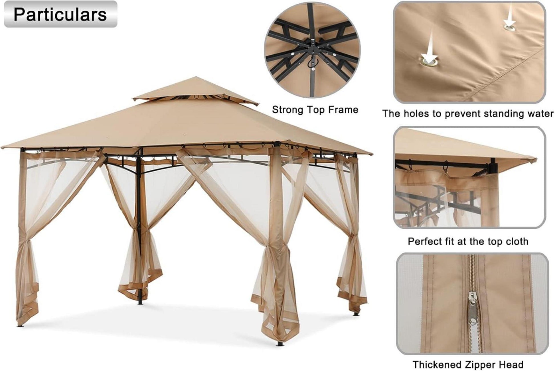 Doppeldach Gartenpavillon 3x3,6m Khaki mit 4 Netz für Garten Hof