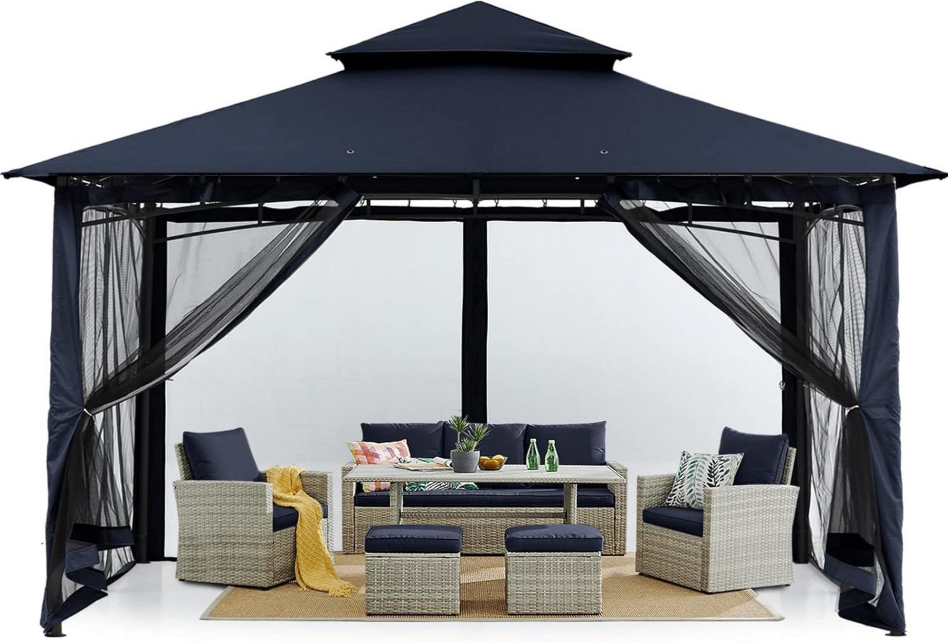 Doppeldach Gartenpavillon mit 4 Netz Marineblau