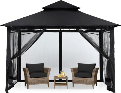 Gartenpavillon Doppeldach mit 4 Netz Schwarz 2,5x2,5m