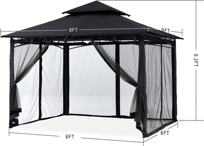 Gartenpavillon Doppeldach mit 4 Netz Schwarz 2,5x2,5m