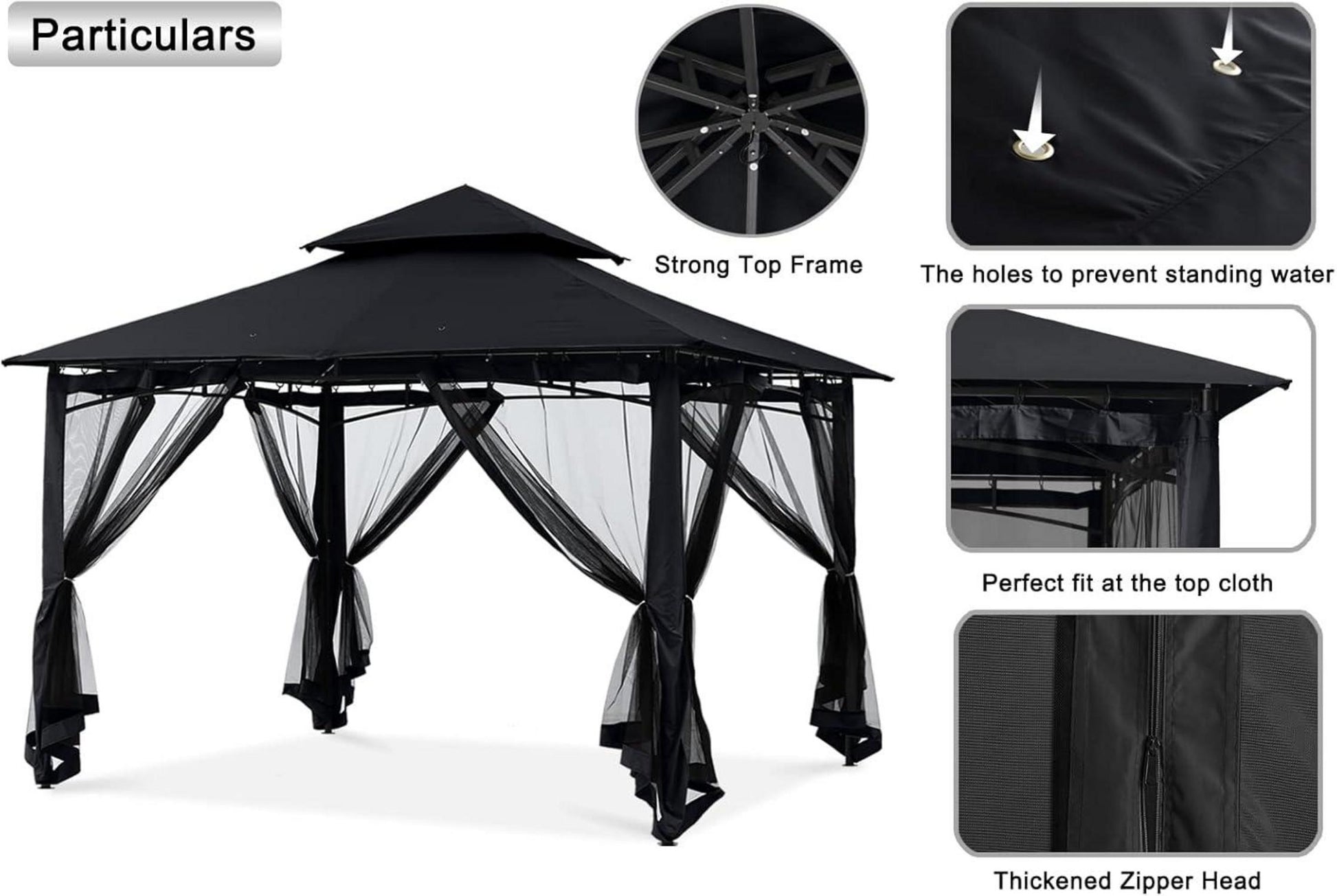 Pavillon 2,5x2,5 m Doppeldach mit 4 Netz in Schwarz