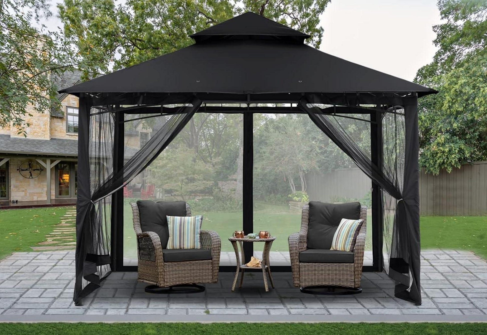 Gartenpavillon 2,5x2,5m Doppeldach Schwarz mit 4 Netz für Garten
